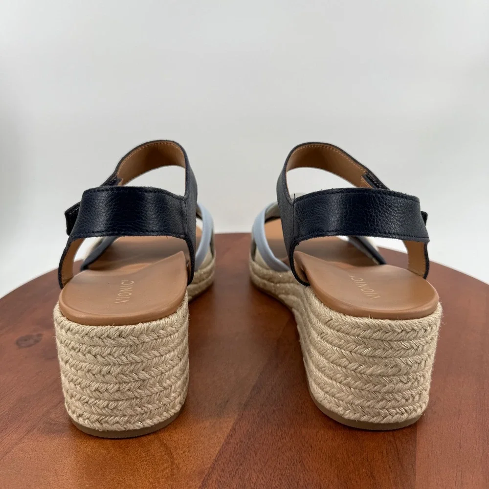 Vionic Saratoga Navy Multi Leather Espadrille Wedge Sandals Womens 11 Wide‎